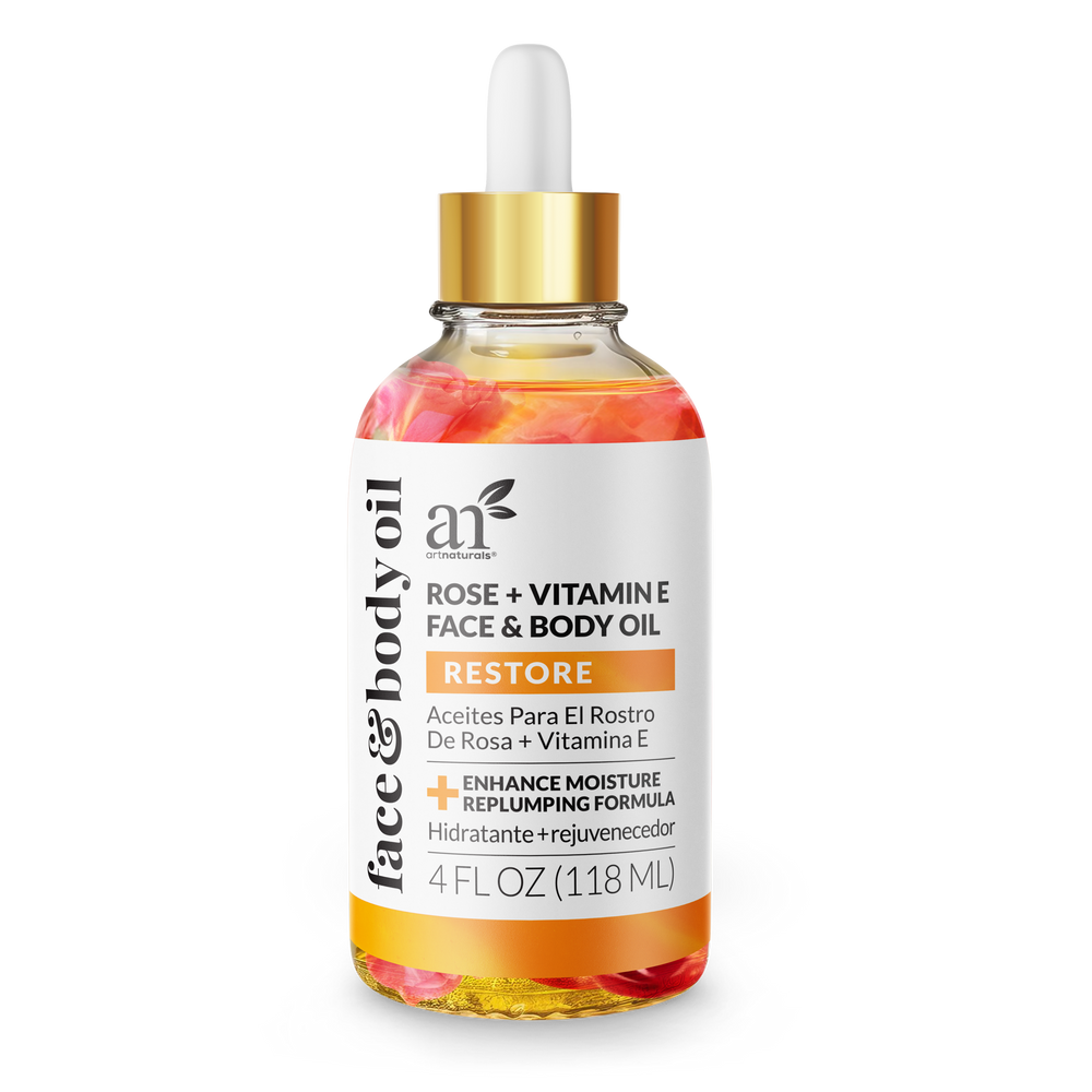 Rose and Vitamin E Face Oil, 4 oz bottle with dried flowers